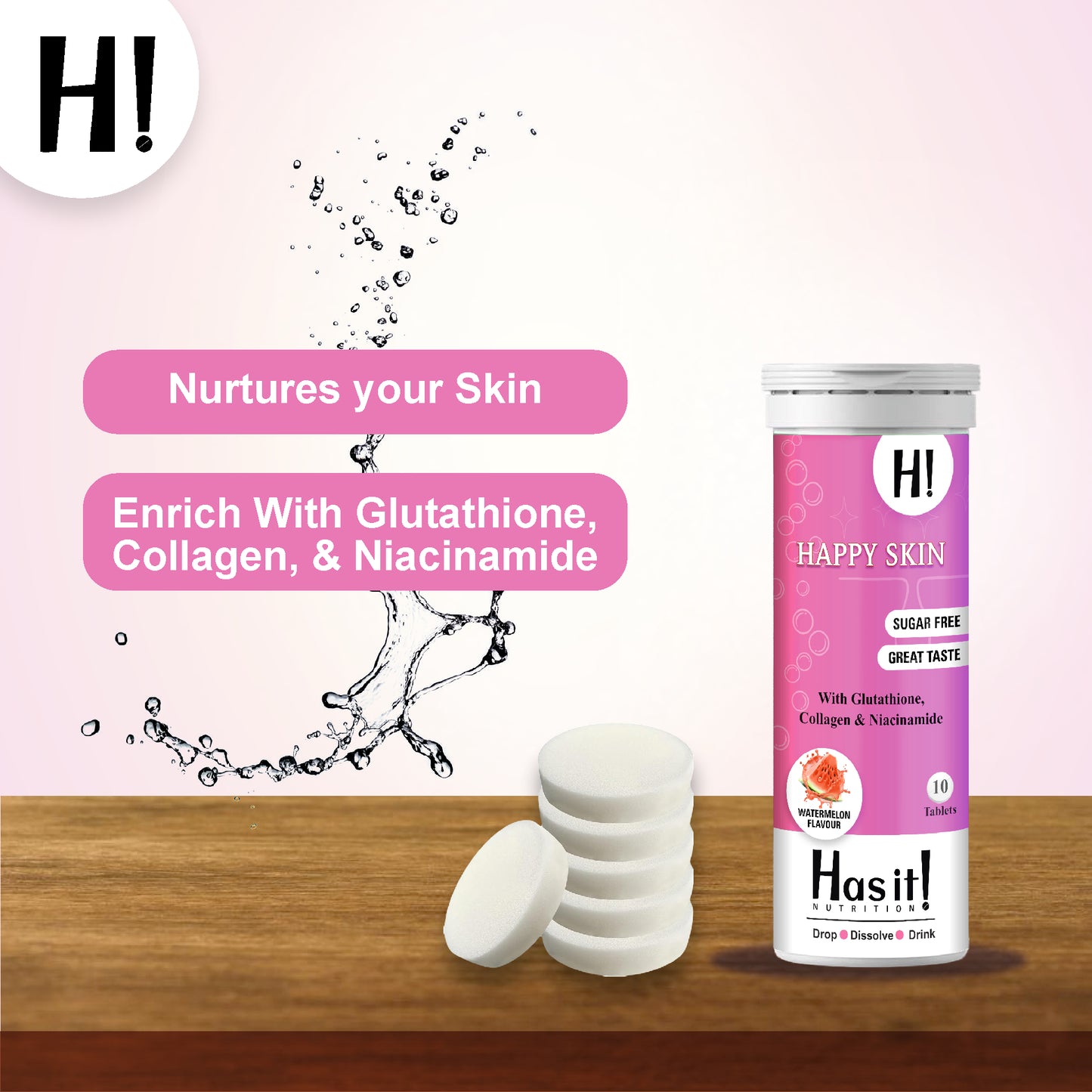 600 mg Glutathione| Collagen| Niacinamide| HasIt Happy Skin| Effervescent 10 tablets