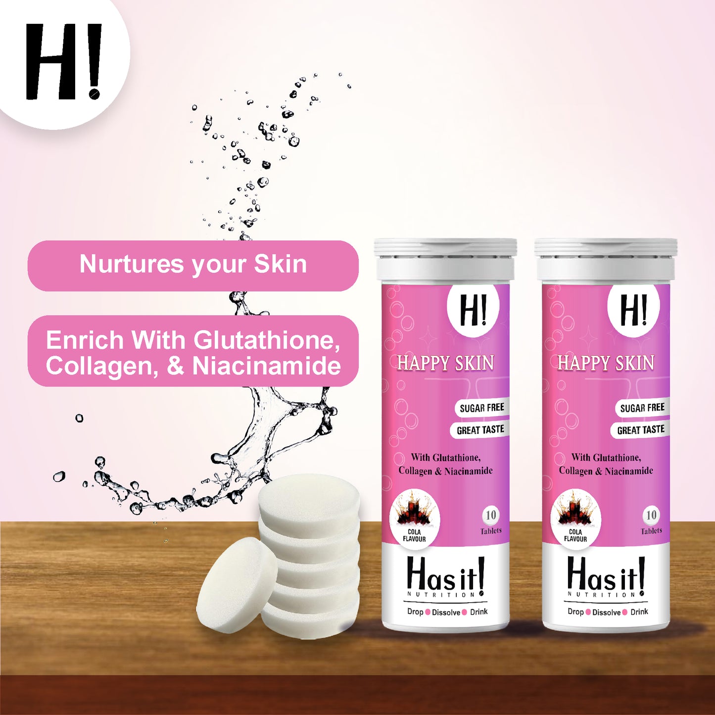 600 mg Glutathione| Collagen| Niacinamide| HasIt Happy Skin| Effervescent 10 tablets