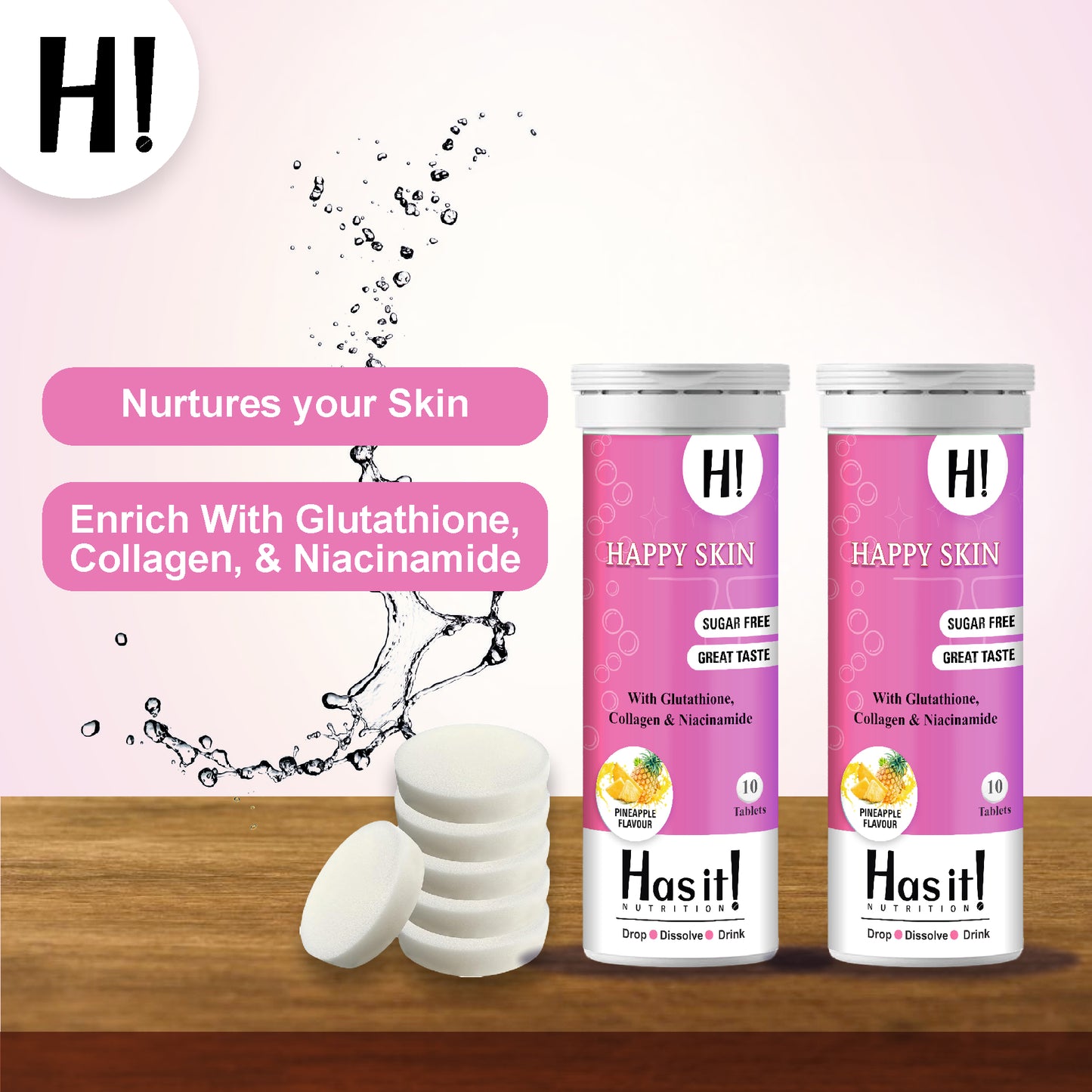 600 mg Glutathione| Collagen| Niacinamide| HasIt Happy Skin| Effervescent 10 tablets