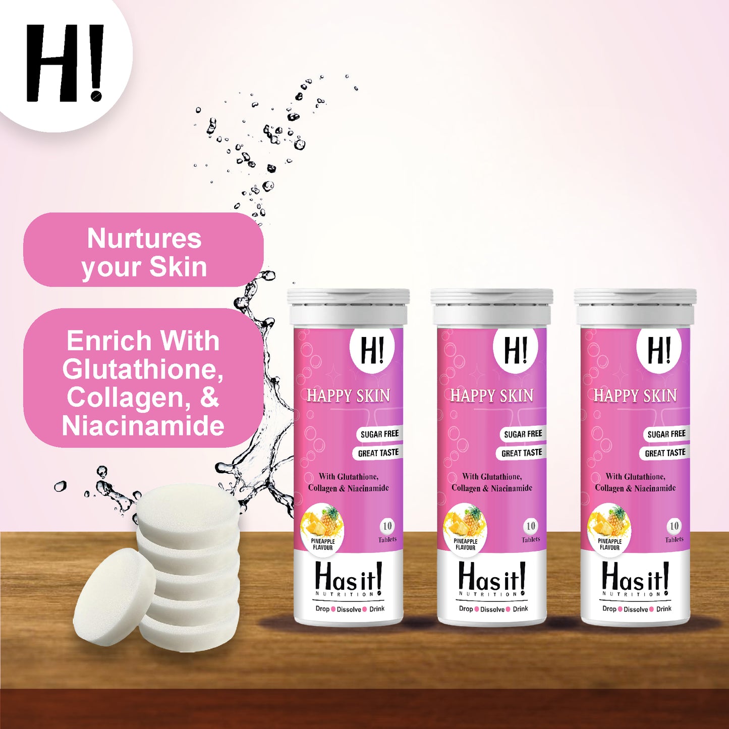 600 mg Glutathione| Collagen| Niacinamide| HasIt Happy Skin| Effervescent 10 tablets