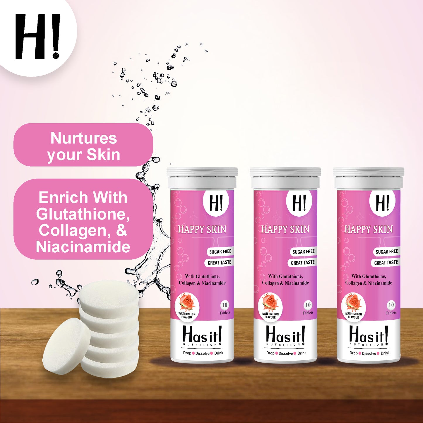 600 mg Glutathione| Collagen| Niacinamide| HasIt Happy Skin| Effervescent 10 tablets