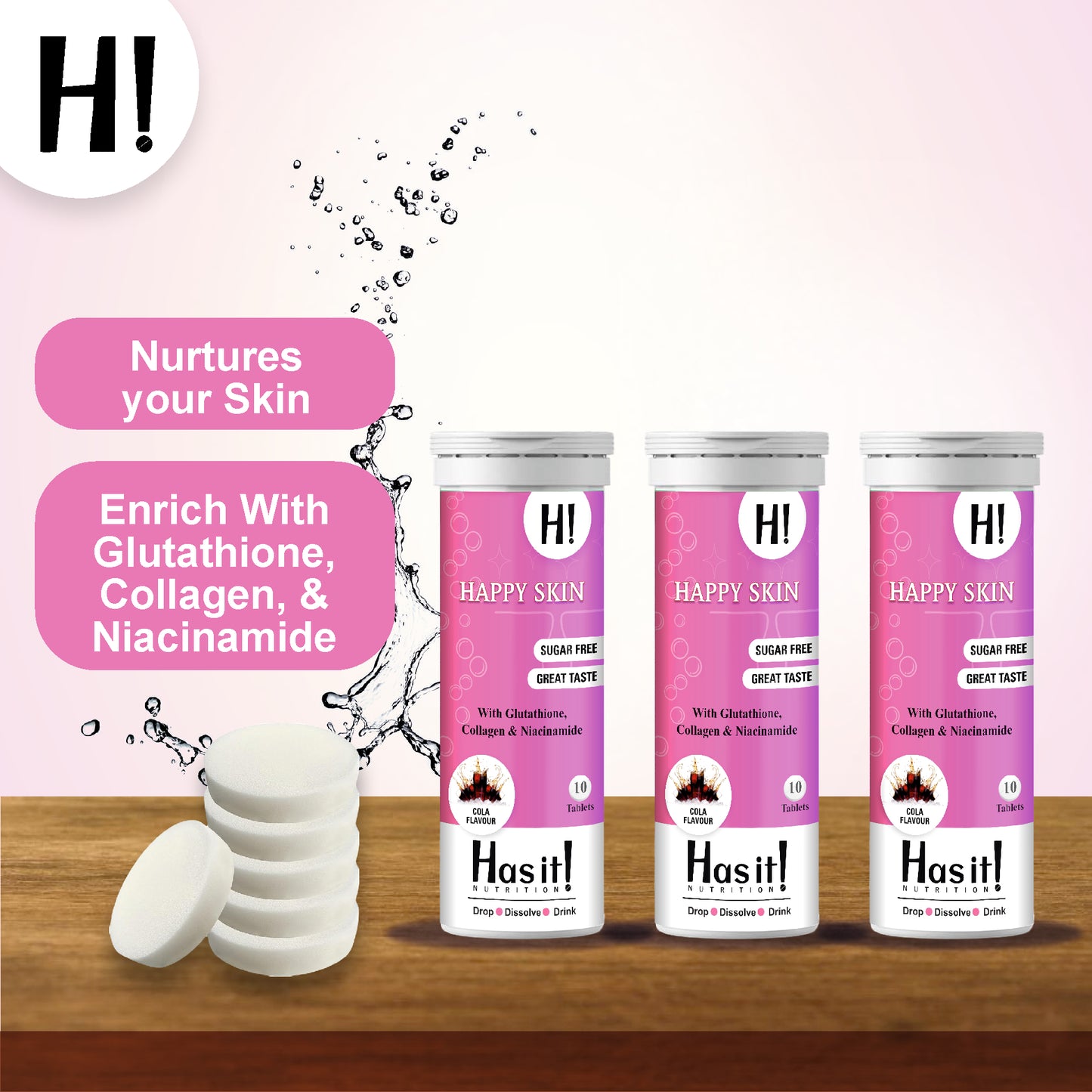 600 mg Glutathione| Collagen| Niacinamide| HasIt Happy Skin| Effervescent 10 tablets