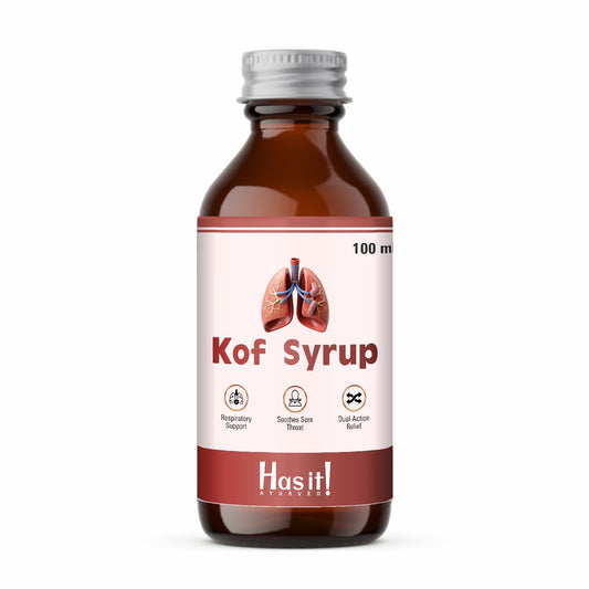 A 100ml bottle of Kof Syrup by Hasit! Nutrition, featuring an amber glass bottle with a silver cap and a white label with red accents and a graphic of lungs.