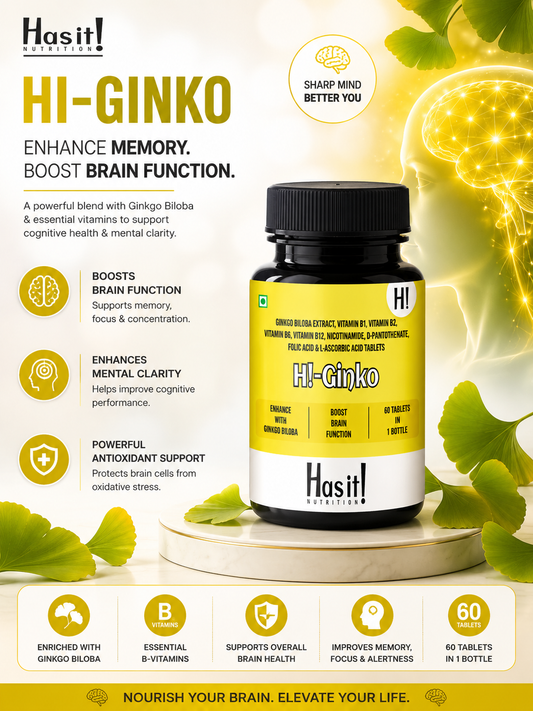 Hasit! Nutrition Hi-Ginko supplement bottle on a white background with green ginkgo leaves, yellow callout icons, and text highlighting memory and brain function benefits.