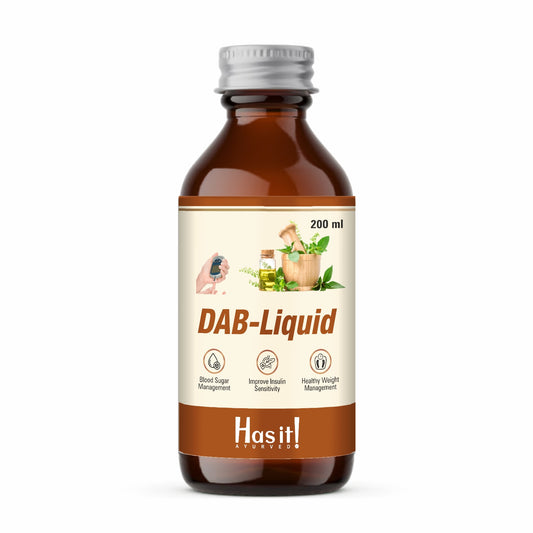 A 200 ml bottle of Hasit! Nutrition DAB-Liquid with a silver cap and a cream-colored label, shown on a plain white background.