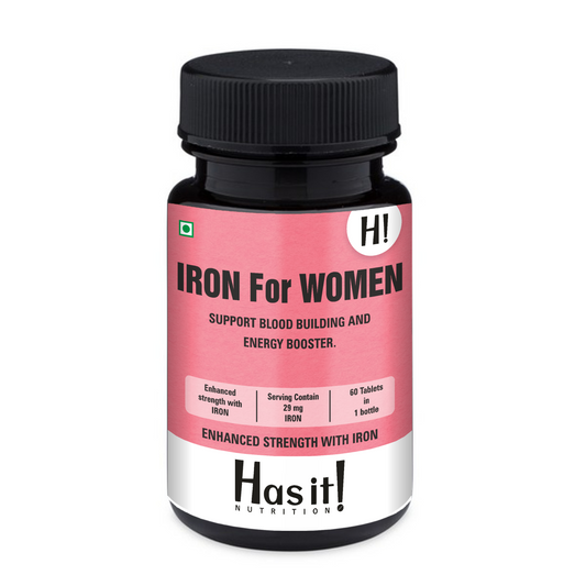 A black plastic bottle of Has it! Nutrition 'Iron For Women' dietary supplement with a pink and white label, shown on a plain white background.