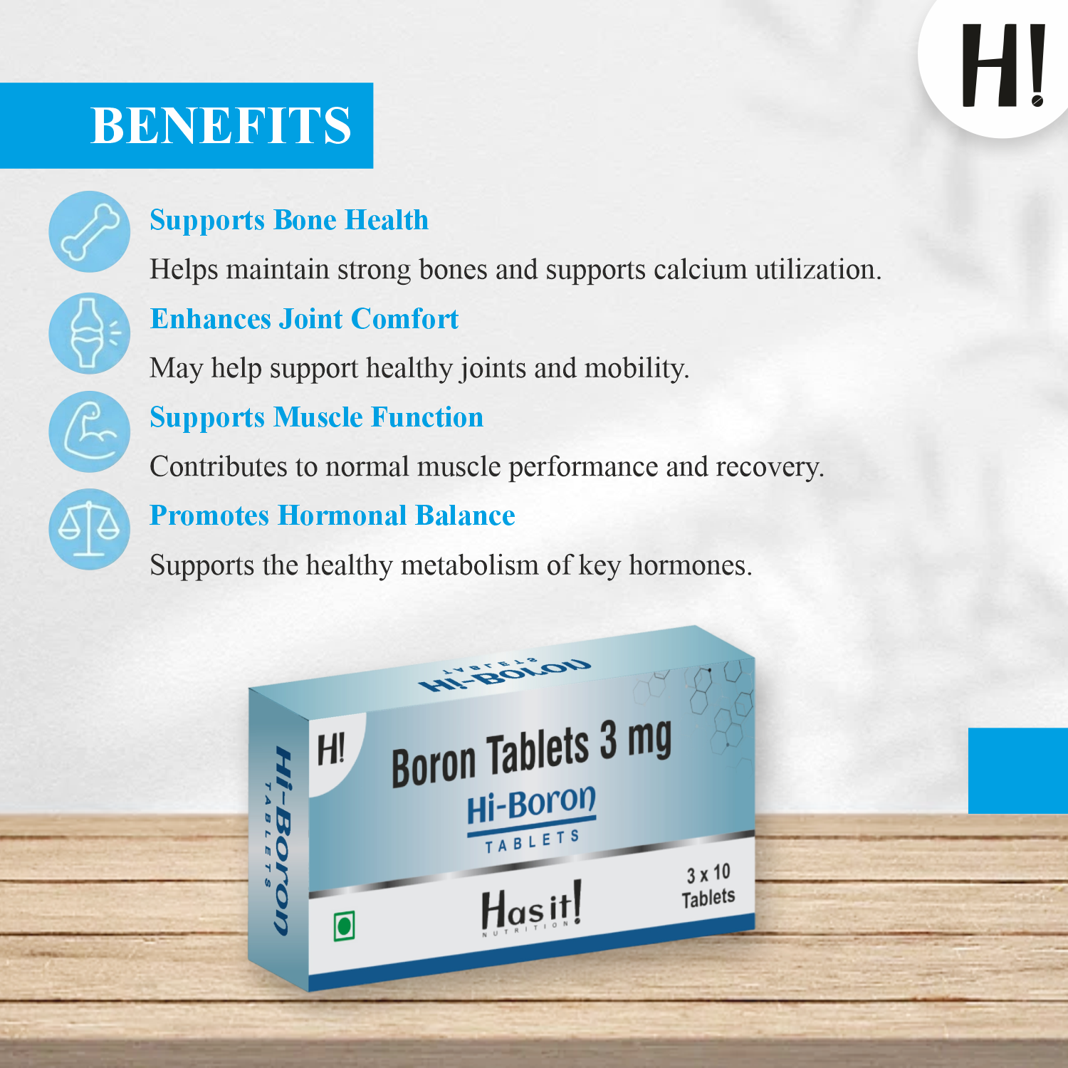 A product box for Hi-Boron Boron Tablets 3 mg by Hasit! is shown on a light wood surface against a white background with a blue 'BENEFITS' header listing health benefits such as bone health, joint comfort, muscle function, and hormonal balance.