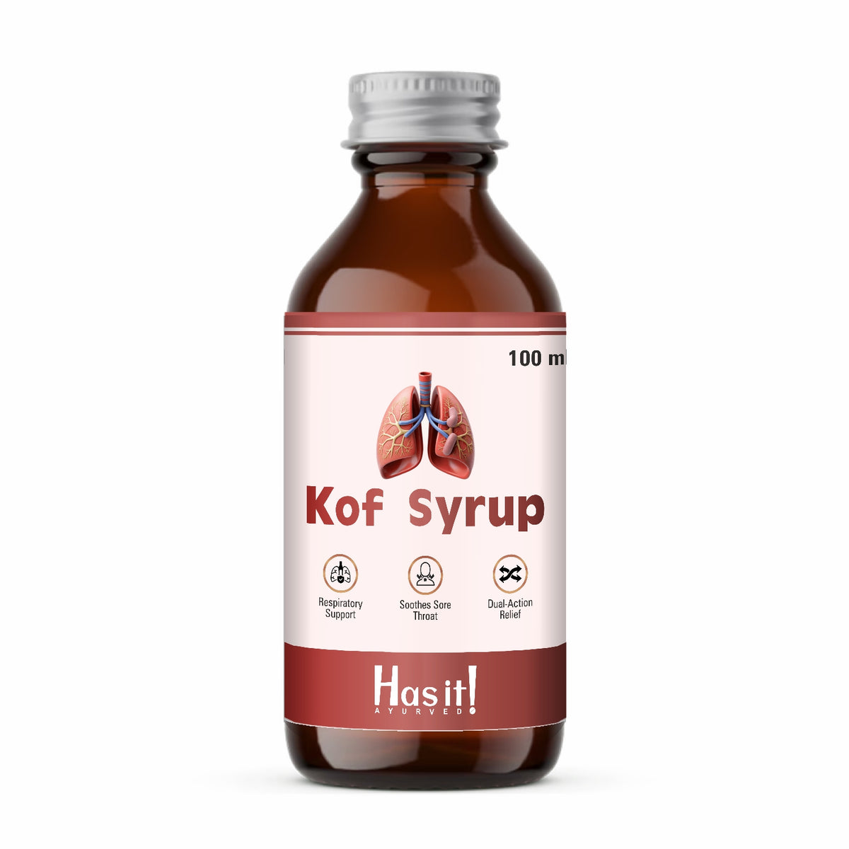 A 100ml bottle of Kof Syrup by Hasit! Nutrition, featuring an amber glass bottle with a silver cap and a white label with red accents and a graphic of lungs.