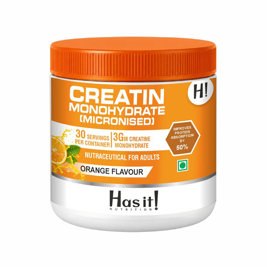Has it! Nutrition Creatin Monohydrate (Micronised) in an orange-flavour powder tub with an orange cap, on a white background.