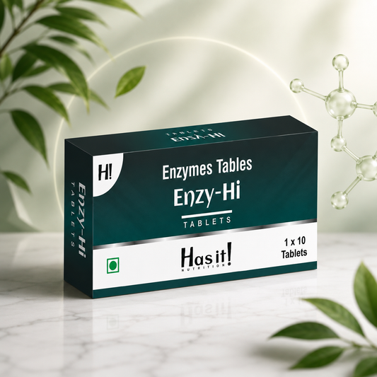 A boxed supplement product labeled Enzy-Hi Tablets by Hasit Nutrition, shown standing on a light marble surface with decorative green leaves and a faint circular studio backdrop. The box is dark teal-green with white text and a white lower band, and the product appears to be the packaging itself rather than the tablets inside.