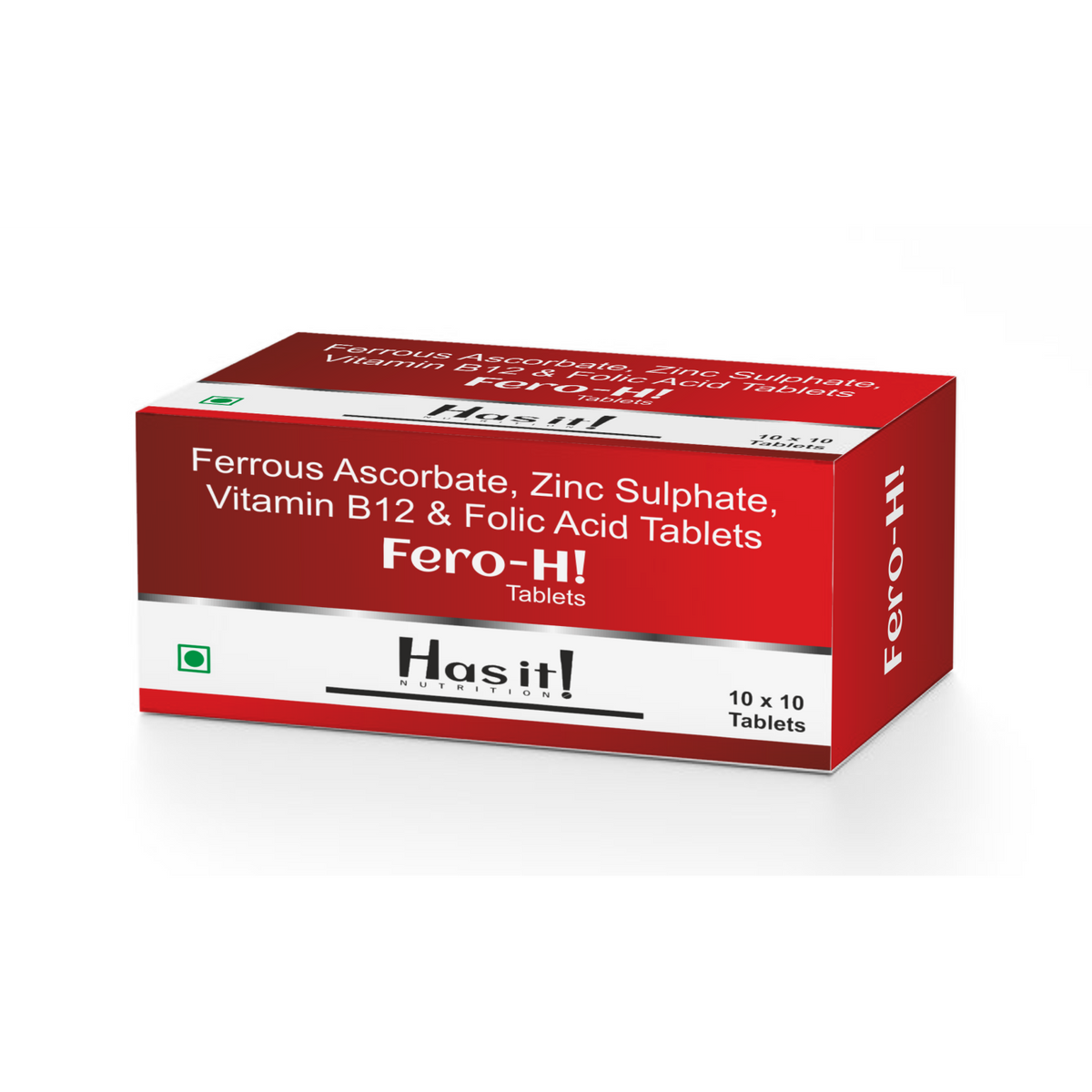 Hasit Fero-H! Tablets box, containing 10 x 10 tablets, featuring a red and white packaging design with black and green text.
