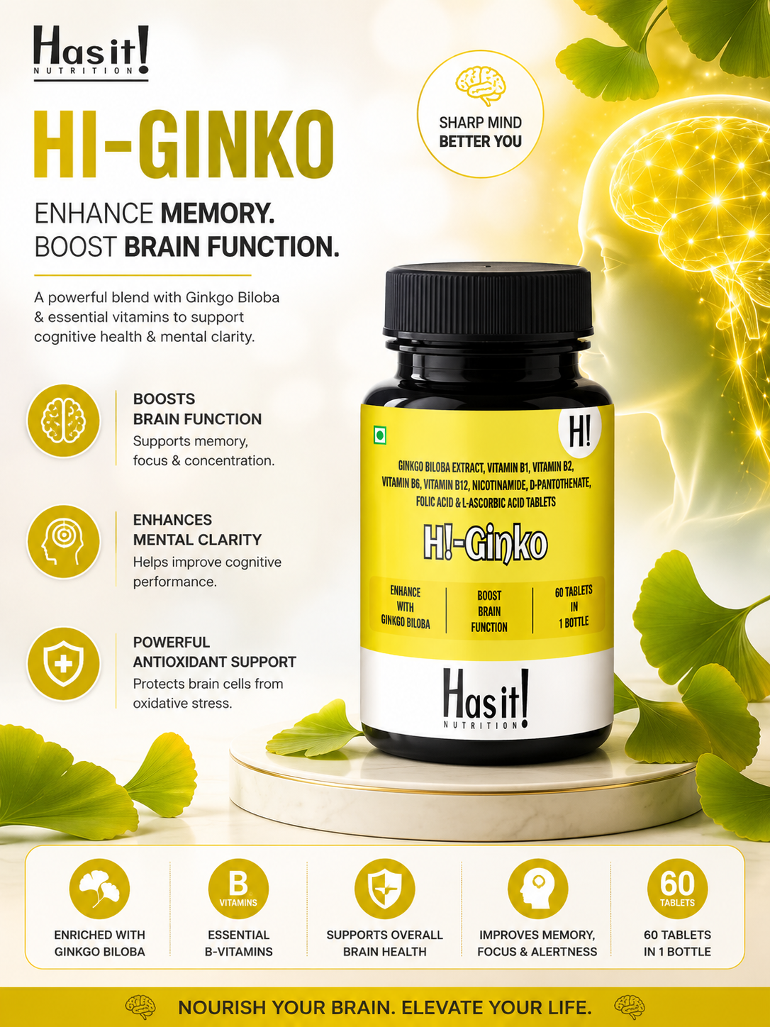 Hasit! Nutrition Hi-Ginko supplement bottle on a white background with green ginkgo leaves, yellow callout icons, and text highlighting memory and brain function benefits.