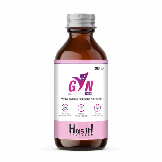 A 200 ml bottle of GYN Syrup (Uterine) Hasit All-In-One Ayurvedic supplement with a white and pink label and a silver cap, shown on a white background.