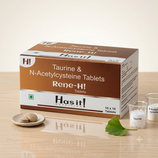 Hasit! Taurine & N-Acetylcysteine Tablets (Rene-HI) in a brown and white box, displayed on a light wooden table with two small glass beakers and a single tablet on a small dish.