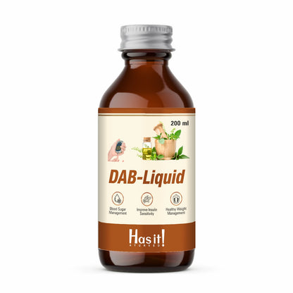 A 200 ml  bottle of Hasit! Nutrition DAB-Liquid with a silver cap and a cream-colored label, shown on a plain white background.