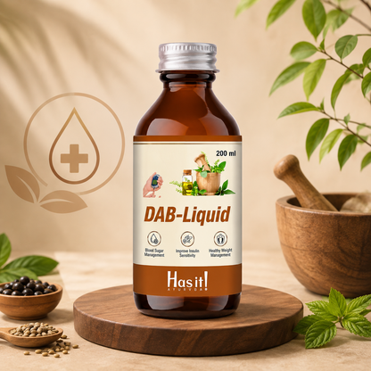 A bottle of Hasit! DAB-Liquid supplement placed on a round wooden coaster, surrounded by herbal props like mint leaves, a mortar and pestle, and spices against a warm beige background.
