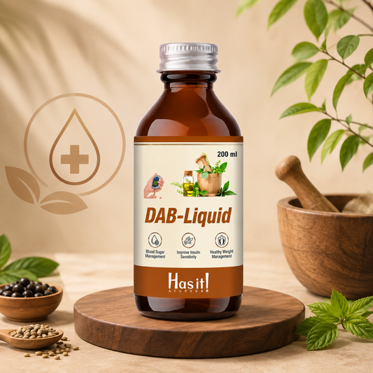 A bottle of Hasit! DAB-Liquid supplement placed on a round wooden coaster, surrounded by herbal props like mint leaves, a mortar and pestle, and spices against a warm beige background.