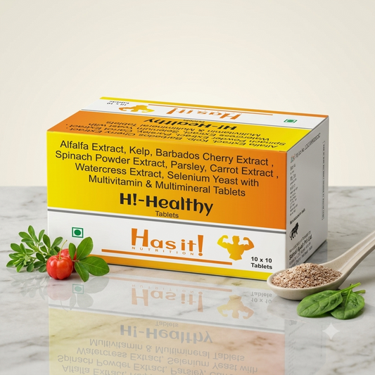 A box of Hi-Healthy tablets by Hasit! Nutritionals on a light marble surface with decorative herbs and a spoonful of powder. The box is yellow and white with black text.
