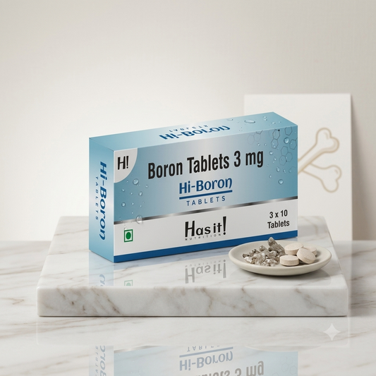 A box of Hi-Boron Tablets 3 mg by Hasit is displayed on a white marble slab next to a small dish of tablets, with a clean white background.