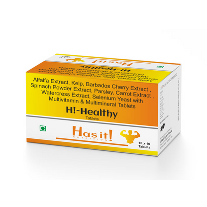 Has it! Nutrition Hi-Healthy tablets box, featuring a yellow and orange design with white text and a small green square logo, shown on a plain white background.