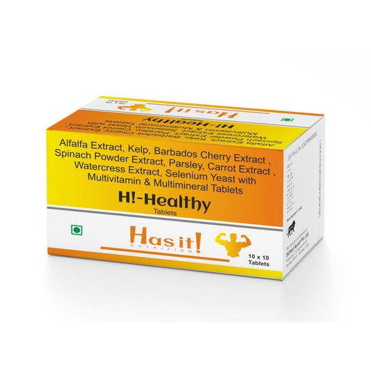 Has it! Nutrition Hi-Healthy tablets box, featuring a yellow and orange design with white text and a small green square logo, shown on a plain white background.