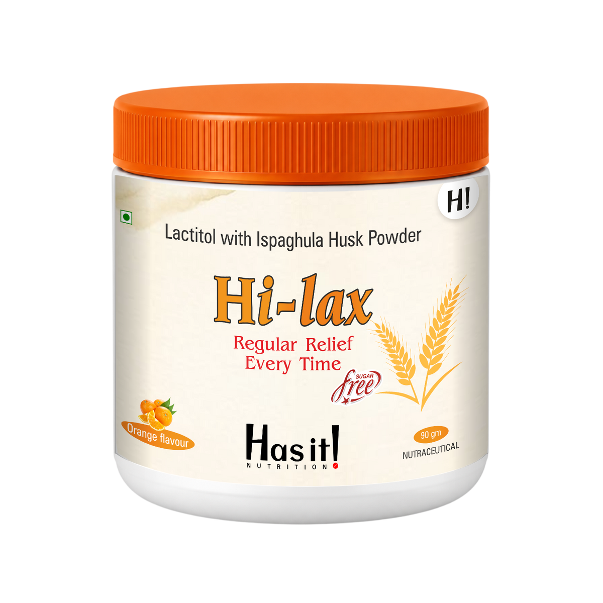 A white plastic jar of Has it! Nutrition Hi-lax Lactitol with Ispaghula Husk Powder, featuring an orange lid and an orange label design on a white background.