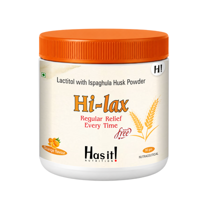 A white plastic jar of Has it! Nutrition Hi-lax Lactitol with Ispaghula Husk Powder, featuring an orange lid and an orange label design on a white background.