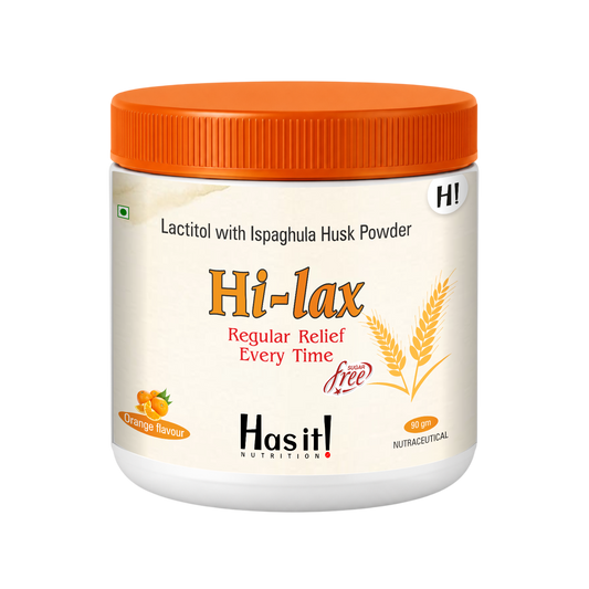 A white plastic jar of Has it! Nutrition Hi-lax Lactitol with Ispaghula Husk Powder, featuring an orange lid and an orange label design on a white background.