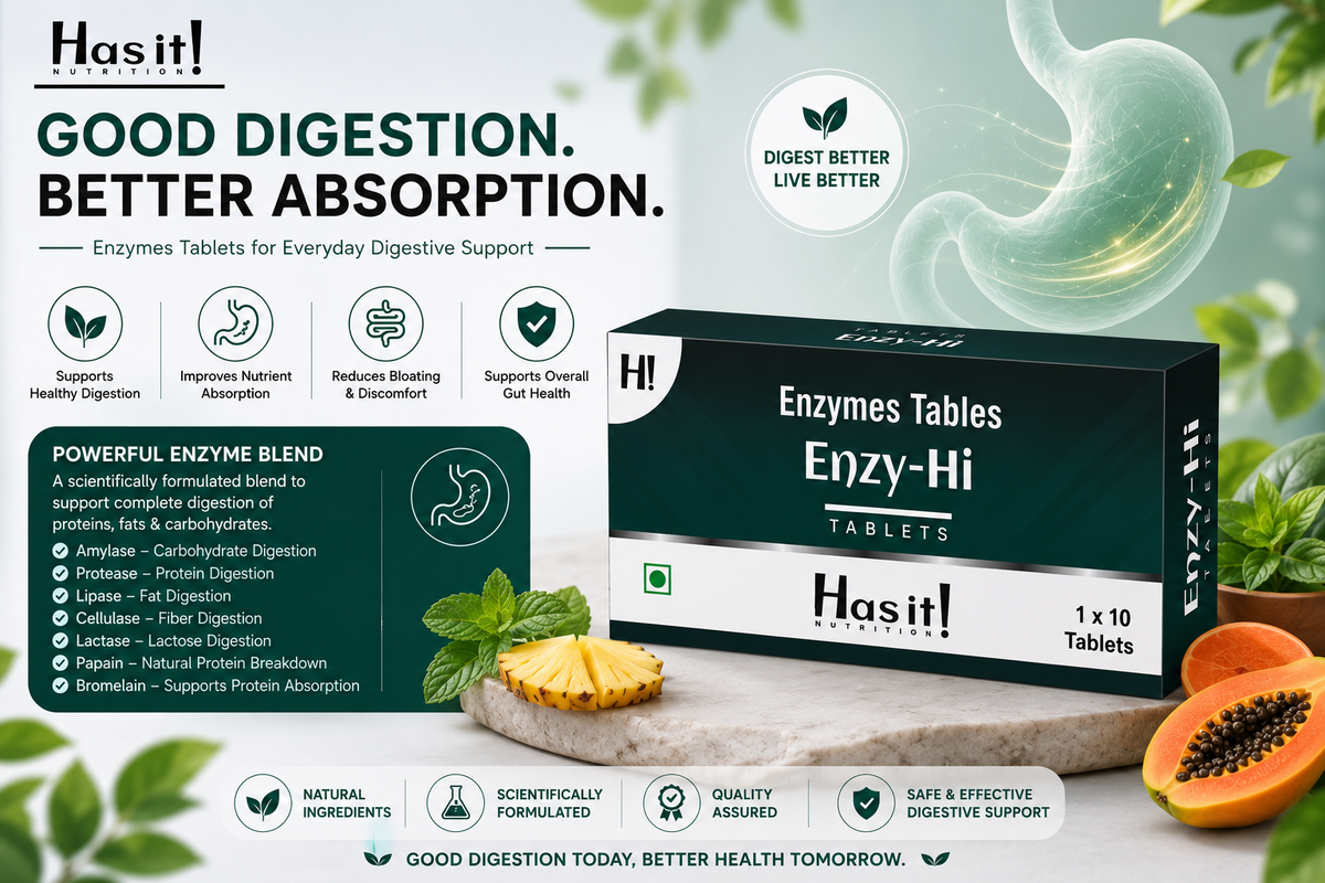 Hasit Enzy-Hi Enzymes Tablets box shown on a light green promotional background with text callouts, ingredient icons, and sliced papaya props.