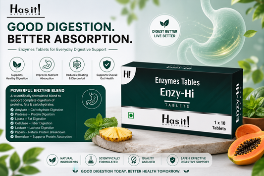 Hasit Enzy-Hi Enzymes Tablets box shown on a light green promotional background with text callouts, ingredient icons, and sliced papaya props.